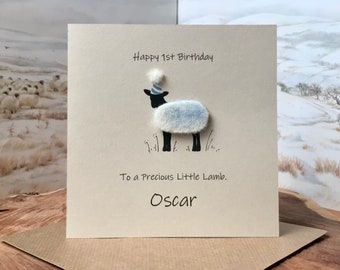 Boys 1st Birthday Card: Handmade Wool Lamb, Personalised Keepsake