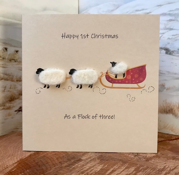 Baby's First Christmas Card | Handmade Wool Sheep, Sleigh Design