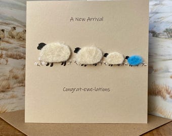 Second Baby Boy Card | Felted Sheep Wool | Personalised | UK Made | and then there were four