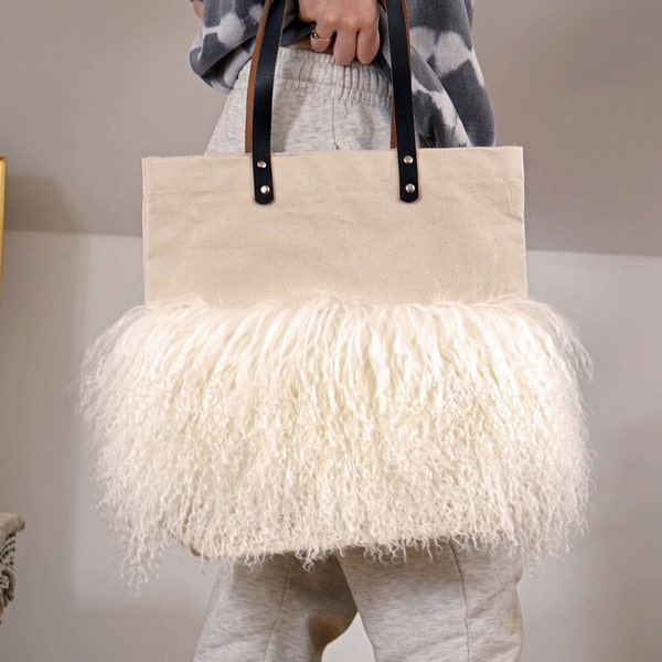 porté épaule en peau de mouton | fourre-tout | Sac cabas pour femme | Véritable peau de mouton tibétaine