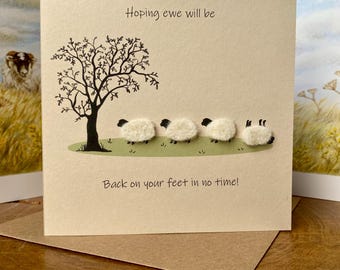 Sheep Get Well Card | Handmade Ewe Pun Recovery Card | Funny Farm Animal | Rustic Wool
