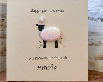 Personalized Baby Girl 1st Christmas Card: Felted Wool Lamb