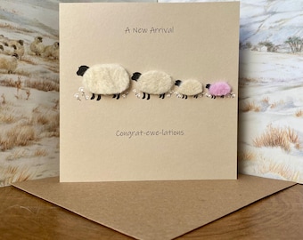 Second Baby Girl Card | Felted Sheep Wool | Personalised Baby Shower Greeting | UK Made