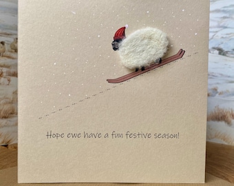 Funny Skiing Sheep Christmas Card: Handmade Wool Festive Greetings