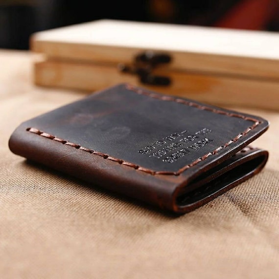 Men Crazy Horse Leather Trifold Credit Card Wallet With Button Coin Pocket