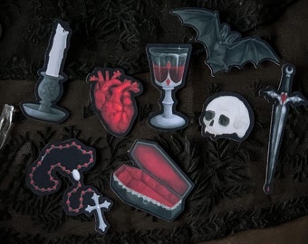 Vampire Sticker Pack | Gothic, Goth, Halloween, Skull, Heart, Coffin, Bat, Vampy, Witch, Witchy, Fantasy, RPG, Stationery, Stickers