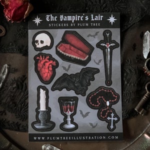 Vampire Sticker Sheet | Gothic, Goth, Halloween, Skull, Heart, Coffin, Bat, Vampy, Witch, Witchy, Fantasy, RPG, Stationery, Stickers