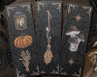 Harvest Bookmarks Set of 3 | Folk Horror, halloween, spooky, recycled, pumpkin, mushroom, witchy, goblincore, gothic, witchcore, RPG fantasy