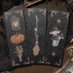 Harvest Bookmarks Set of 3 | Folk Horror, halloween, spooky, recycled, pumpkin, mushroom, witchy, goblincore, gothic, witchcore, RPG fantasy