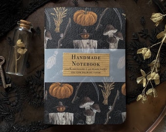 Harvest Notebook | Folk Horror, A6 handmade sketchbook, dark academia, cottagecore, goblincore, gothic stationery, halloween, witch, pumpkin