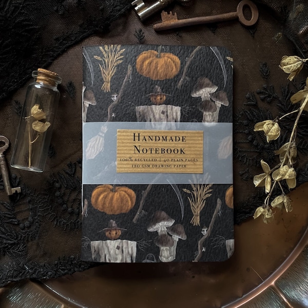 Harvest Notebook | Folk Horror, A6 handmade sketchbook, dark academia, cottagecore, goblincore, gothic stationery, halloween, witch, pumpkin