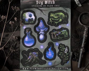 Stickervel moerasheks | Witchy, heks, Halloween, schedel, pad, kikker, paddenstoel, goblin, gothic, gothic, fantasie, RPG, briefpapier, stickers