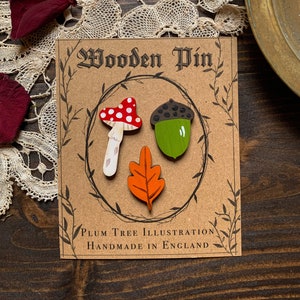 Woodland Wooden Pin Set of 3 - Wooden pin | Witch Pin | Mushroom pin | Nature pin | Handmade pin | Cottagecore pin | Stocking filler