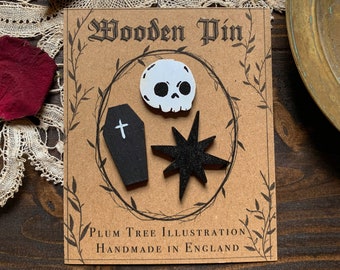 Goth Wooden Pin Set of 3 - Wooden pin | Witch Pin | Goth pin | Halloween pin | Handmade pin | Gothic pin
