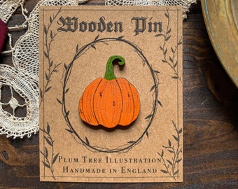 Wooden Pumpkin Pin - Wooden brooch, hand painted Halloween pin