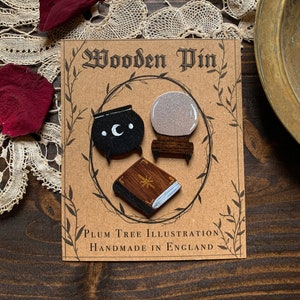 Witchy Wooden Pin Set of 3 - Wooden pin | Witch Pin | Goth pin | Halloween pin | Handmade pin | Cottagecore pin | whimsigoth