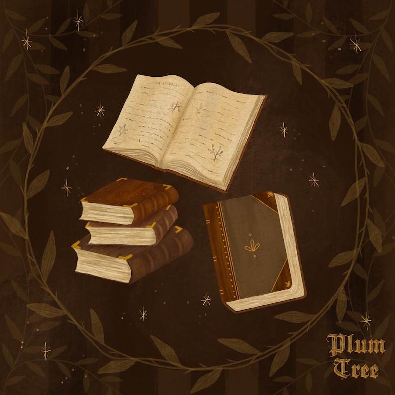 May include: A stack of four antique books with brown leather covers and gold accents, set against a dark brown background with a leafy vine border and gold stars. The top book is open, revealing blank pages. The text "Plum Tree" is written in gold script at the bottom of the image.