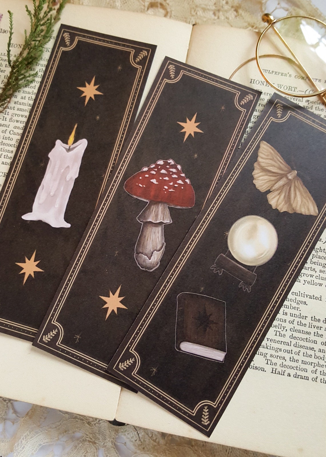 bookmarks set of 3 illustrated bookmarks dark academia etsy