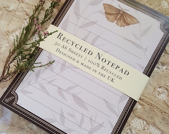 A6 Moth Notepad | 50 sheets | Recycled notepad | Dark academia notepad | To do list | Witch notebook | Cottagecore