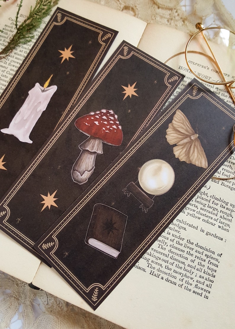 bookmarks set of 3 illustrated bookmarks dark academia etsy