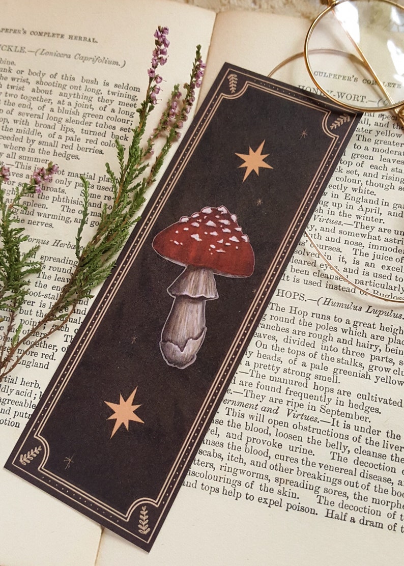 mushroom bookmark illustrated bookmark dark academia etsy