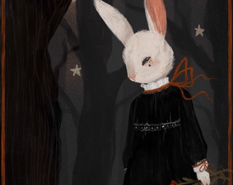 Ilustración de impresión artística gótica de chica conejo A5