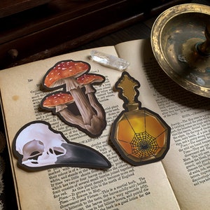 K&ouml;nnte beinhalten: Drei Vintage-Aufkleber mit einem Sch&auml;del mit Schnabel, einem B&uuml;schel roter und wei&szlig;er Pilze und einer Glasflasche mit Spinnennetz-Design. Die Aufkleber sind auf einem dunklen Hintergrund gedruckt und haben eine skurrile, gotische &Auml;sthetik.