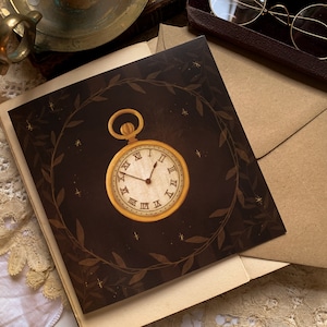 Biglietto d'auguri con orologio da tasca - Biglietto vuoto / Biglietto della biblioteca / Biglietto vintage / Biglietto libresco / Dark academia / Cottagecore / Steampunk / Biglietto ecologico