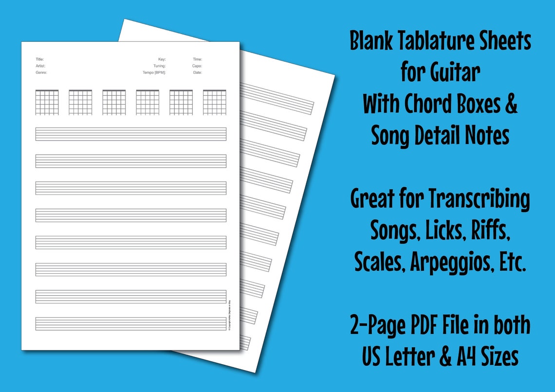 Printable Guitar Tab Paper With Chord Boxes &amp; Song Detail Notes in US ...