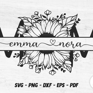 Dividir Mom SVG, Dia das Mães SVG, Mom monograma svg, Mom Sunflower svg, arquivos Mom svg para Cricut Silhouette, Mom com nomes SVG, Mom svg