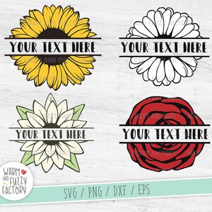 May include: Four digital designs featuring a sunflower, daisy, rose, and another daisy with green leaves. Each design has a horizontal line with the text "YOUR TEXT HERE" above and below the flower.