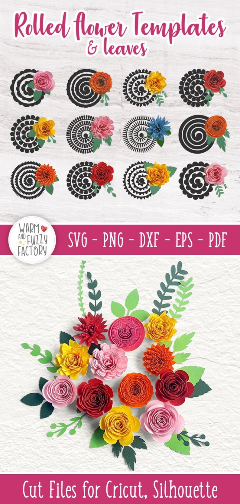Puede incluir: Un conjunto de 12 archivos de corte digital para crear flores y hojas de papel enrollado. Los archivos incluyen los formatos SVG, PNG, DXF, EPS y PDF. La imagen muestra una variedad de flores en diferentes colores, incluyendo rojo, rosa, amarillo y naranja. Las flores est&aacute;n dispuestas en un ramo con hojas verdes. El texto "Warm and Fuzzy Factory" y "SVG - PNG - DXF - EPS - PDF" es visible en la imagen. El texto "Cut Files for Cricut, Silhouette" tambi&eacute;n es visible en la imagen.