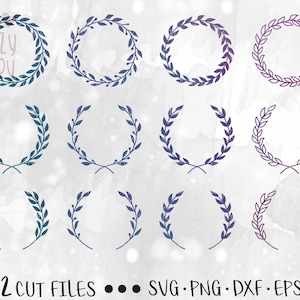 May include: Twelve digital cut files of various colored wreaths with a leafy design. The wreaths are in shades of blue, green, and purple. The text "12 CUT FILES... SVG. PNG. DXF. EPS" is at the bottom of the image.