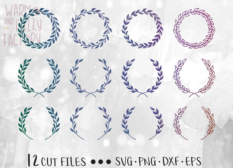 May include: Twelve digital cut files of various colored wreaths with a leafy design. The wreaths are in shades of blue, green, and purple. The text "12 CUT FILES... SVG. PNG. DXF. EPS" is at the bottom of the image.
