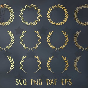 May include: Set of 12 gold laurel wreaths, perfect for adding a touch of elegance to your designs.  These wreaths are ideal for use in invitations, cards, logos, and more.