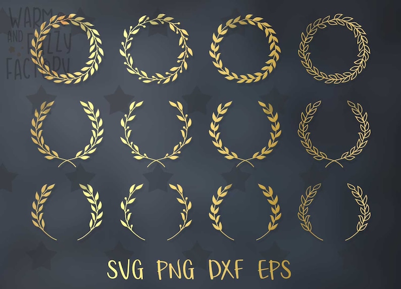 May include: Set of 12 gold laurel wreaths, perfect for adding a touch of elegance to your designs.  These wreaths are ideal for use in invitations, cards, logos, and more.