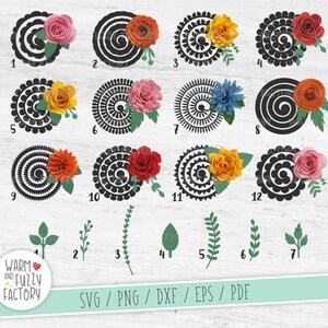Puede incluir: Doce dise&ntilde;os de espiral en blanco y negro con flores de papel de diferentes colores. Los dise&ntilde;os est&aacute;n numerados del 1 al 12. Debajo de los dise&ntilde;os hay siete dise&ntilde;os de hojas verdes numerados del 1 al 7. El texto "Warm and Fuzzy Factory" est&aacute; en un c&iacute;rculo con un coraz&oacute;n y el texto "SVG/PNG/DXF/EPS/PDF" est&aacute; debajo del c&iacute;rculo.