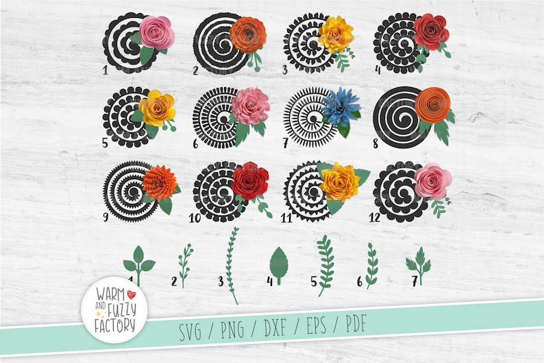 Puede incluir: Doce dise&ntilde;os de espiral en blanco y negro con flores de papel de diferentes colores. Los dise&ntilde;os est&aacute;n numerados del 1 al 12. Debajo de los dise&ntilde;os hay siete dise&ntilde;os de hojas verdes numerados del 1 al 7. El texto "Warm and Fuzzy Factory" est&aacute; en un c&iacute;rculo con un coraz&oacute;n y el texto "SVG/PNG/DXF/EPS/PDF" est&aacute; debajo del c&iacute;rculo.