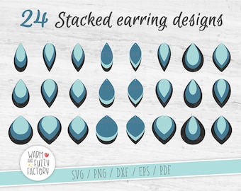 May include: 24 stacked earring designs in various shades of blue. The earrings are teardrop shaped and layered. The text "24 Stacked earring designs" is at the top of the image. The text "WARM AND FUZZY FACTORY" is at the bottom left of the image. The text "SVG/PNG/DXF/EPS/PDF" is at the bottom right of the image.