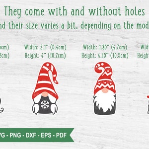 Może przedstawiać: Cztery cyfrowe pliki do cięcia z gnomami w czerwonych i białych czapkach. Gnomy mają 6 cm szerokości i 10,2 cm wysokości, 5,4 cm szerokości i 10,2 cm wysokości, 4,7 cm szerokości i 10,5 cm wysokości oraz 5,1 cm szerokości i 10,4 cm wysokości. Tekst "They come with and without holes and their size varies a bit, depending on the model" znajduje się w g&oacute;rnej części obrazu.