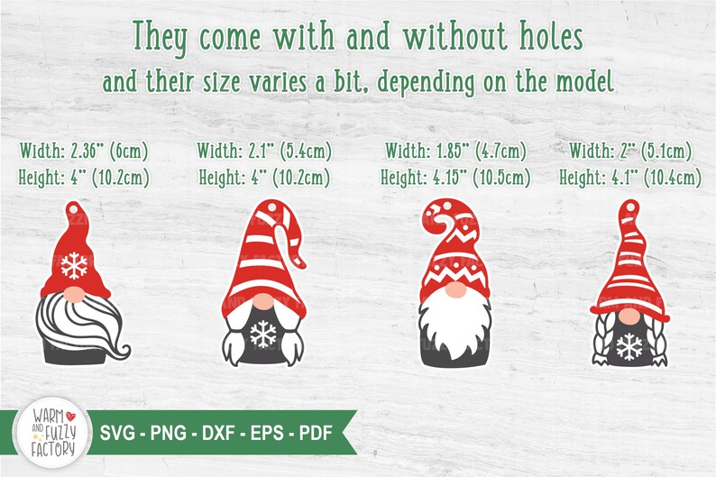 Może przedstawiać: Cztery cyfrowe pliki do cięcia z gnomami w czerwonych i białych czapkach. Gnomy mają 6 cm szerokości i 10,2 cm wysokości, 5,4 cm szerokości i 10,2 cm wysokości, 4,7 cm szerokości i 10,5 cm wysokości oraz 5,1 cm szerokości i 10,4 cm wysokości. Tekst "They come with and without holes and their size varies a bit, depending on the model" znajduje się w g&oacute;rnej części obrazu.