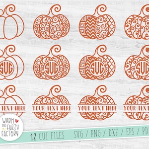 May include: Twelve digital cut files for crafting featuring pumpkin designs. The pumpkins are in various styles, including a simple outline, a swirl pattern, a chevron pattern, and a monogrammed design. The text "YOUR TEXT HERE" is included on some of the pumpkins.