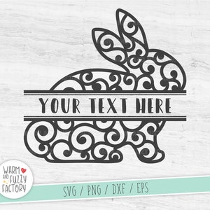 Könnte beinhalten: Schwarze und weiße Silhouette eines Kaninchens mit einem dekorativen, wirbelnden Muster. Das Kaninchen hat ein Banner in der Mitte, auf dem "YOUR TEXT HERE" steht.