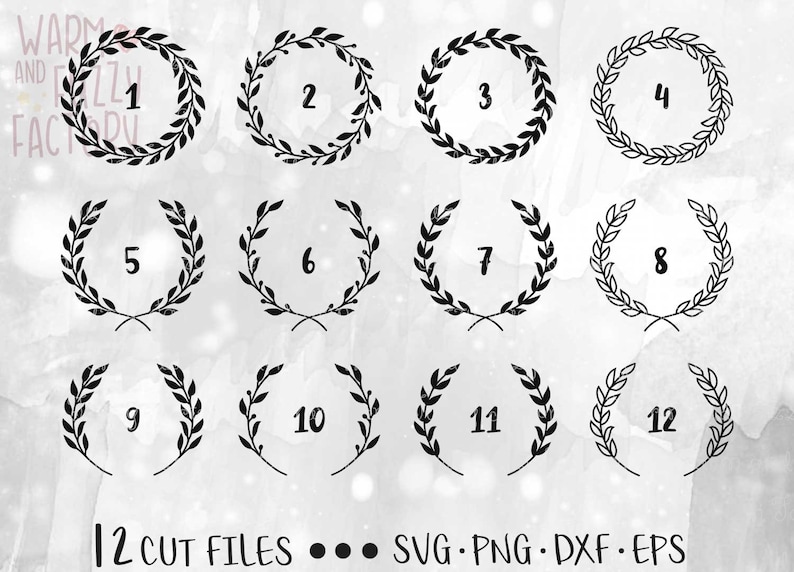 May include: Twelve black and white wreath designs with numbers 1 through 12 inside each wreath. The text "12 CUT FILES...SVG.PNG.DXF.EPS" is at the bottom of the image.