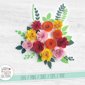 Puede incluir: Un ramo de flores de papel en tonos rojos, naranjas, amarillos y rosas. Las flores est&aacute;n dispuestas en un patr&oacute;n circular y rodeadas de hojas verdes. Las flores est&aacute;n hechas de papel y tienen una apariencia tridimensional en capas. El fondo es una superficie de madera blanca. El texto "Warm and Fuzzy Factory" es visible en la esquina inferior izquierda de la imagen. El texto "SVG / PNG / DXF / EPS / PDF" es visible en la esquina inferior derecha de la imagen.