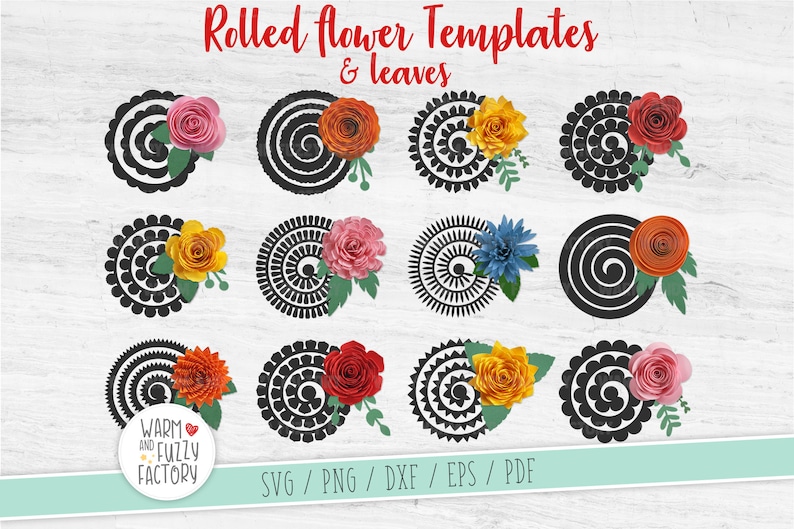 Puede incluir: Doce plantillas de flores enrolladas en blanco y negro con diferentes dise&ntilde;os de flores. Cada plantilla tiene una flor con hojas en el centro. Las flores son de varios colores, incluyendo rojo, naranja, amarillo, rosa y azul. El texto "Plantillas de flores enrolladas y hojas" est&aacute; en la parte superior de la imagen. El texto "WARM AND FUZZY FACTORY" est&aacute; en la esquina inferior izquierda. El texto "SVG/PNG/DXF/EPS/PDF" est&aacute; en la esquina inferior derecha.