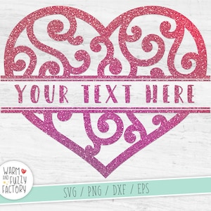 May include: Pink glitter heart with a decorative swirl design and a space for text that says "YOUR TEXT HERE".