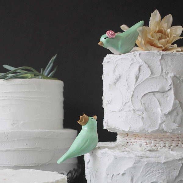 Love Bird Custom Cake Topper - Mint Bird Wedding Cake Toppers with Crown - Your Choice of Colors and Accessories