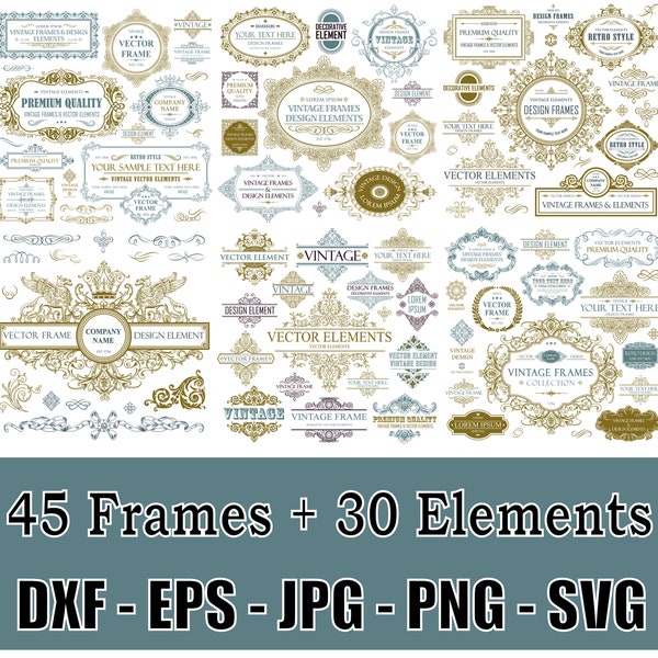 45 Vintage Retro Frames and 30 elements Cut Out Vinyl svg pdf eps jpg dxf Download Digital Retro Vintage Frames and elements labels