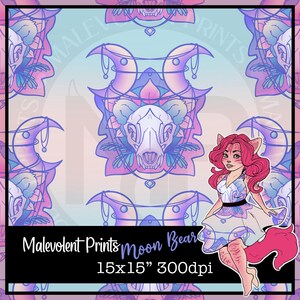 May include: A digital art print with a repeating pattern of a skull, crescent moons, and floral elements in purple, pink, and blue. A cartoon character with pink hair and a dress is on the right. The text "Malevolent Prints Moon Bear" is at the bottom.